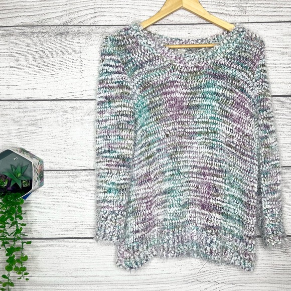 Soft Fuzzy Knit Sweater Purple Blue Green White Size XL - Picture 1 of 9